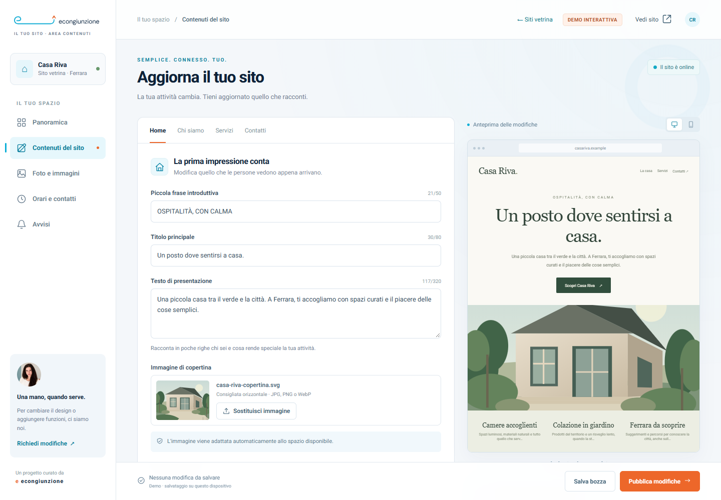 Screenshot della demo del pannello contenuti: campi da modificare e anteprima del sito