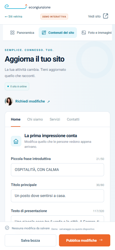 Screenshot della demo del pannello su smartphone
