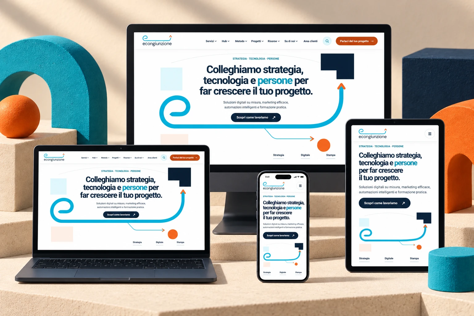 Il sito Econgiunzione su desktop, portatile, tablet e smartphone.