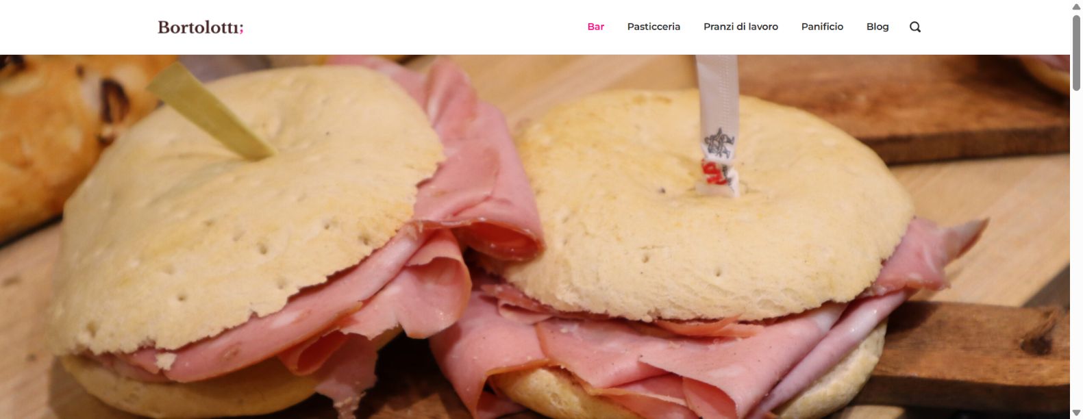 Sito Bortolotti: logo, navigazione fra le attività e fotografia food introduttiva del bar.