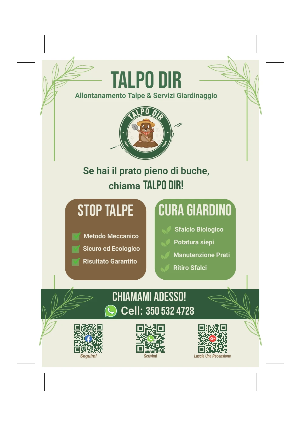 Prova Talpo Dir con grafica e riferimenti tecnici per la stampa.
