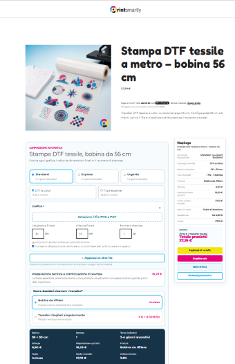 Configuratore PrintSmartly per stampa DTF tessile su bobina da 56 cm, con caricamento file, misure, quantità e riepilogo