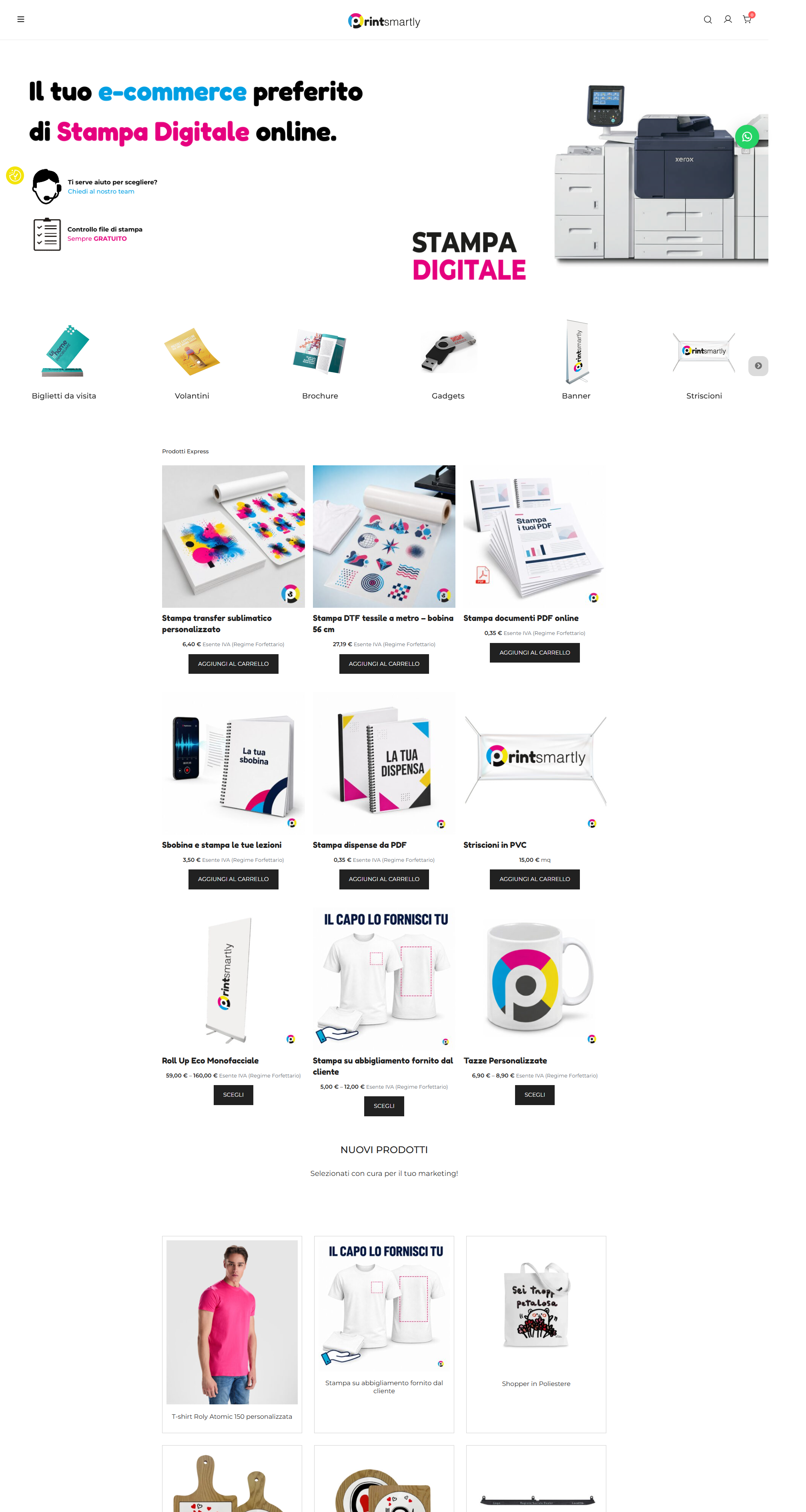 Homepage attuale PrintSmartly su desktop, con apertura Stampa Digitale e categorie di prodotto