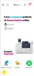 Homepage PrintSmartly su smartphone, con apertura Stampa Digitale e categorie di prodotto