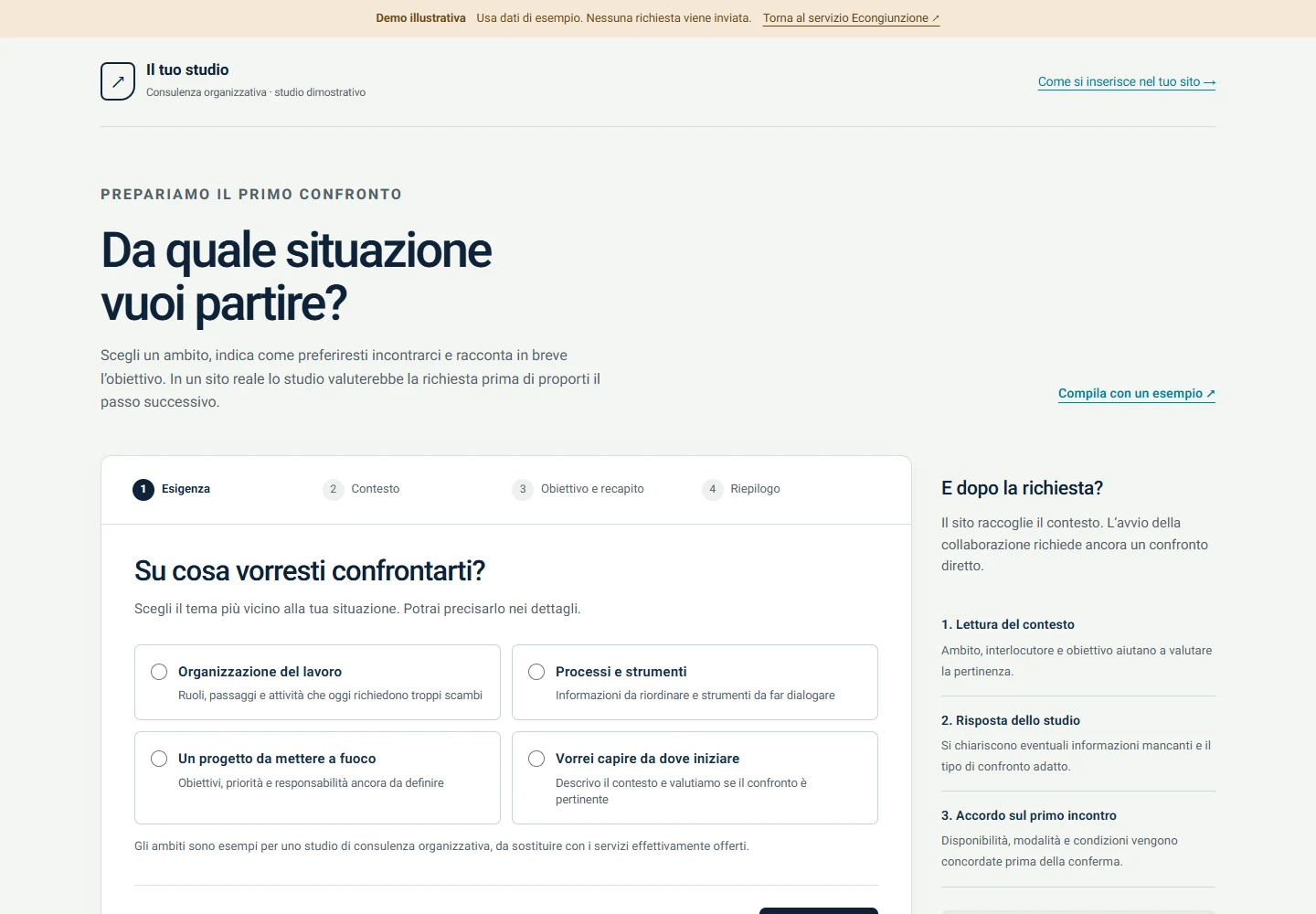 Demo della richiesta di consulenza: scelta dell’ambito e percorso per preparare il primo confronto