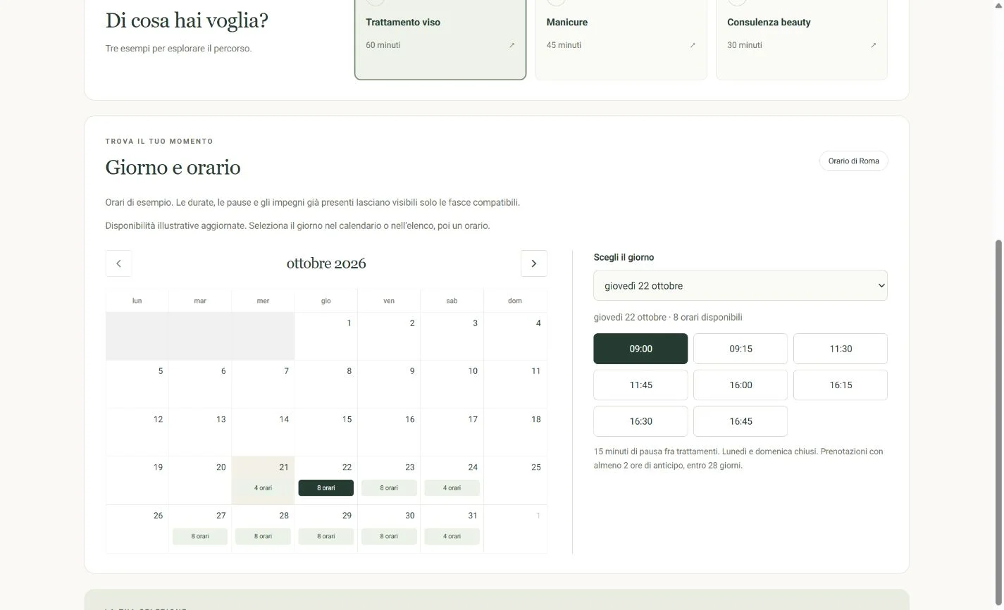 Calendario della demo per centri estetici, con durata del trattamento e scelta delle fasce orarie illustrative
