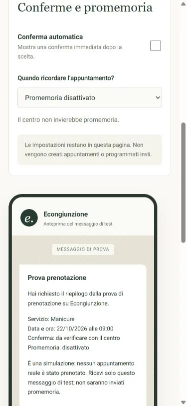 Dashboard dimostrativa su smartphone con anteprima WhatsApp e impostazioni