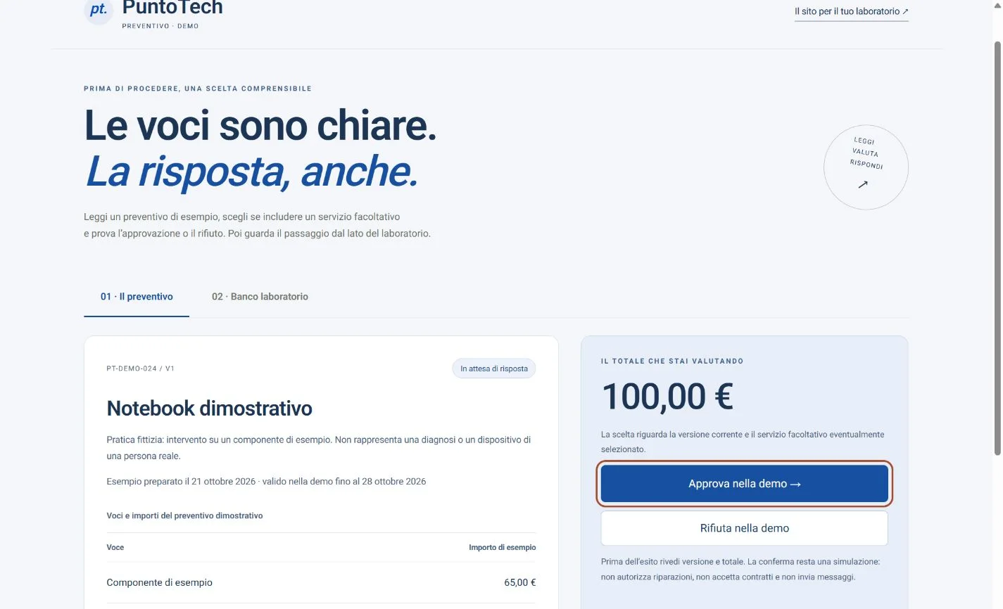 Preventivo PuntoTech dimostrativo con voci, totale e scelte di risposta