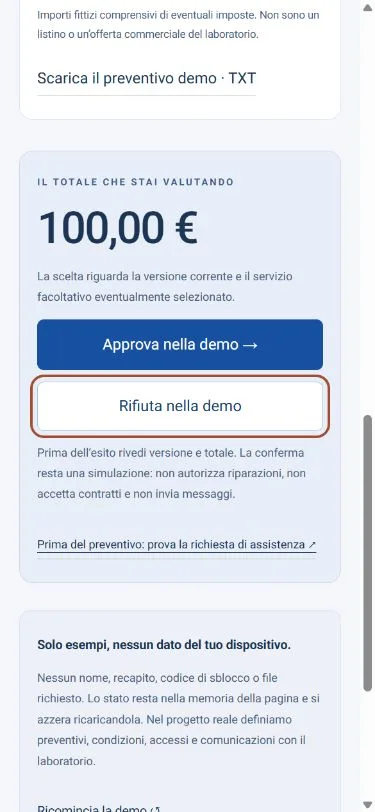 Riepilogo del preventivo fittizio e scelta di approvazione o rifiuto su smartphone
