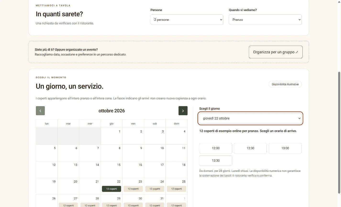 Demo Tavola: calendario, persone e coperti disponibili per un servizio del ristorante