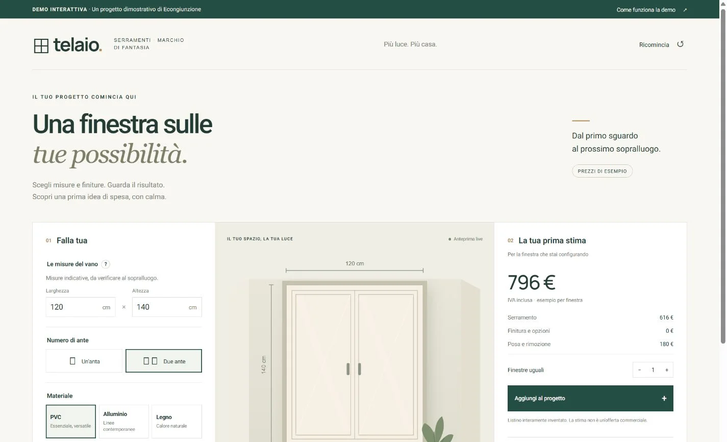 Esempio di configuratore infissi con misure, anteprima e riepilogo