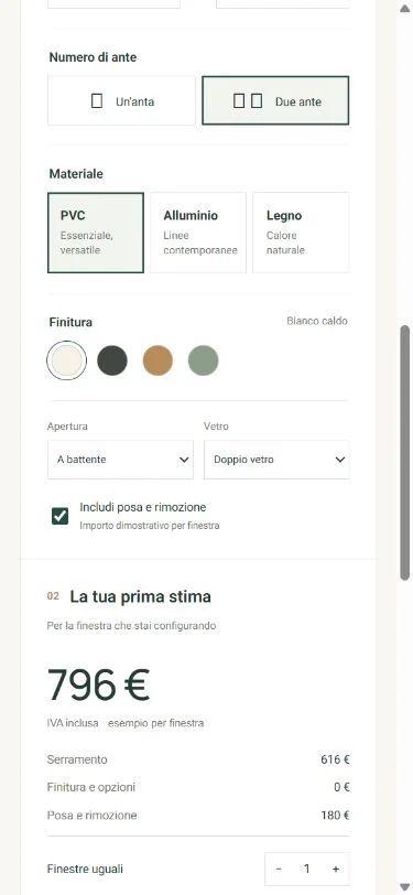 Esempio di configuratore infissi su telefono