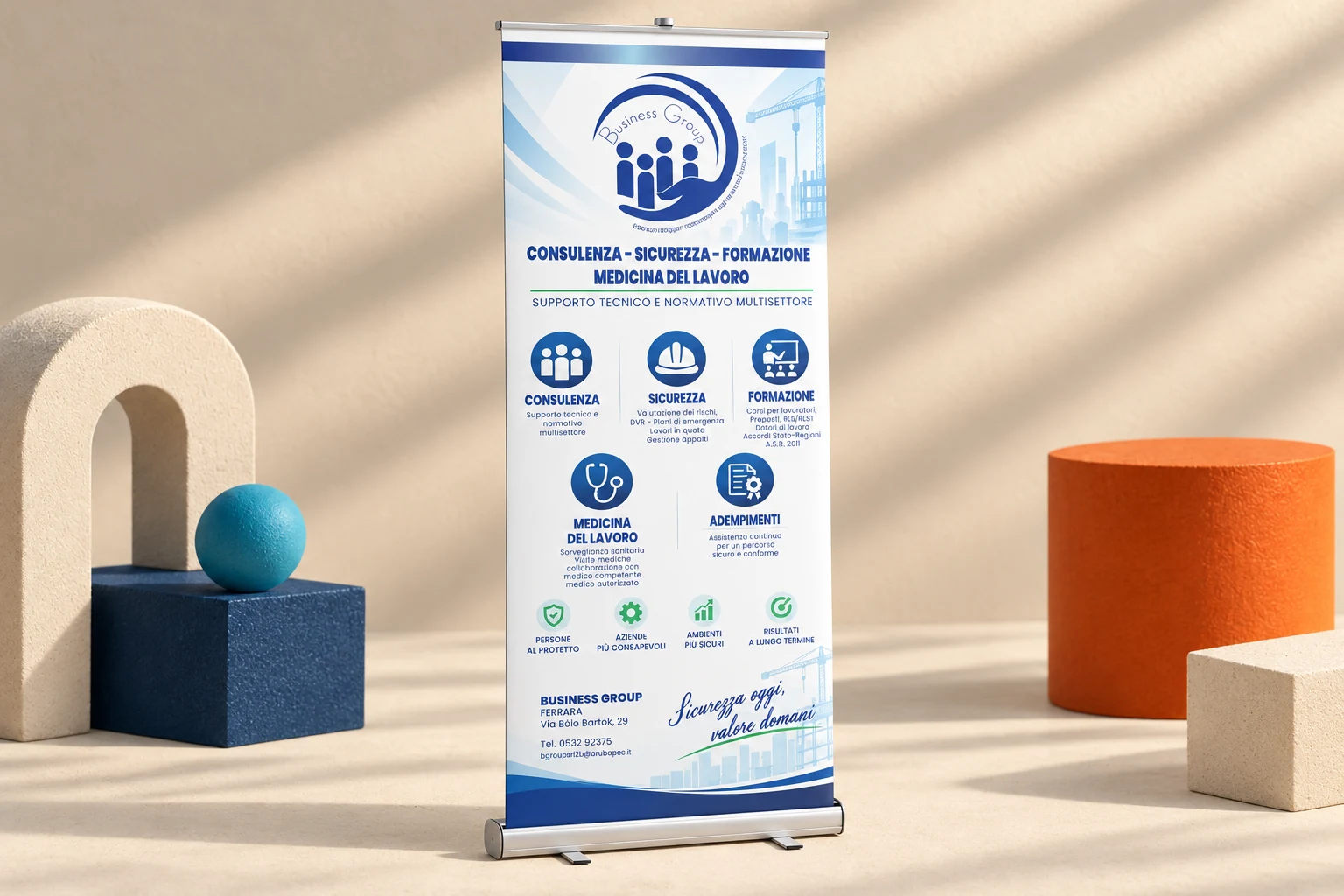 Mockup illustrativo del roll-up Business Group nello studio materico