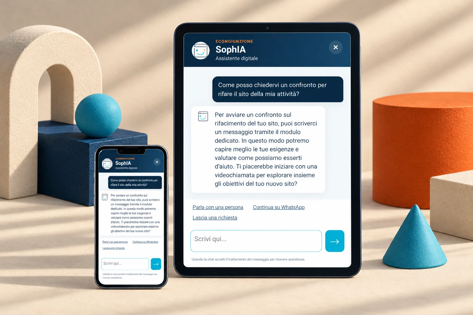 Mockup dell’interfaccia conversazionale SophIA su tablet e smartphone