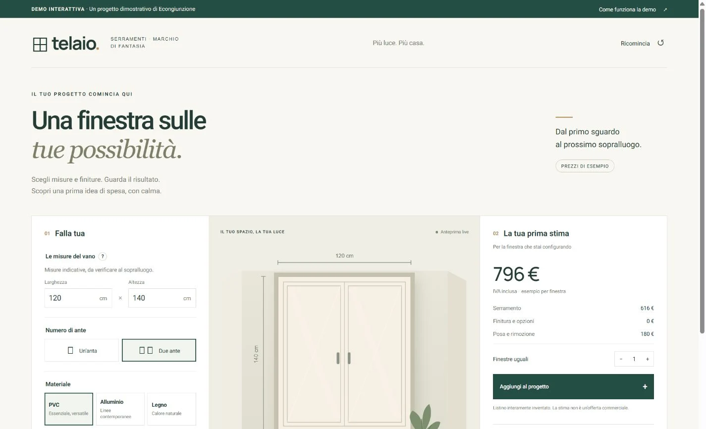 Il configuratore Telaio: misure, anteprima della finestra e riepilogo economico di esempio