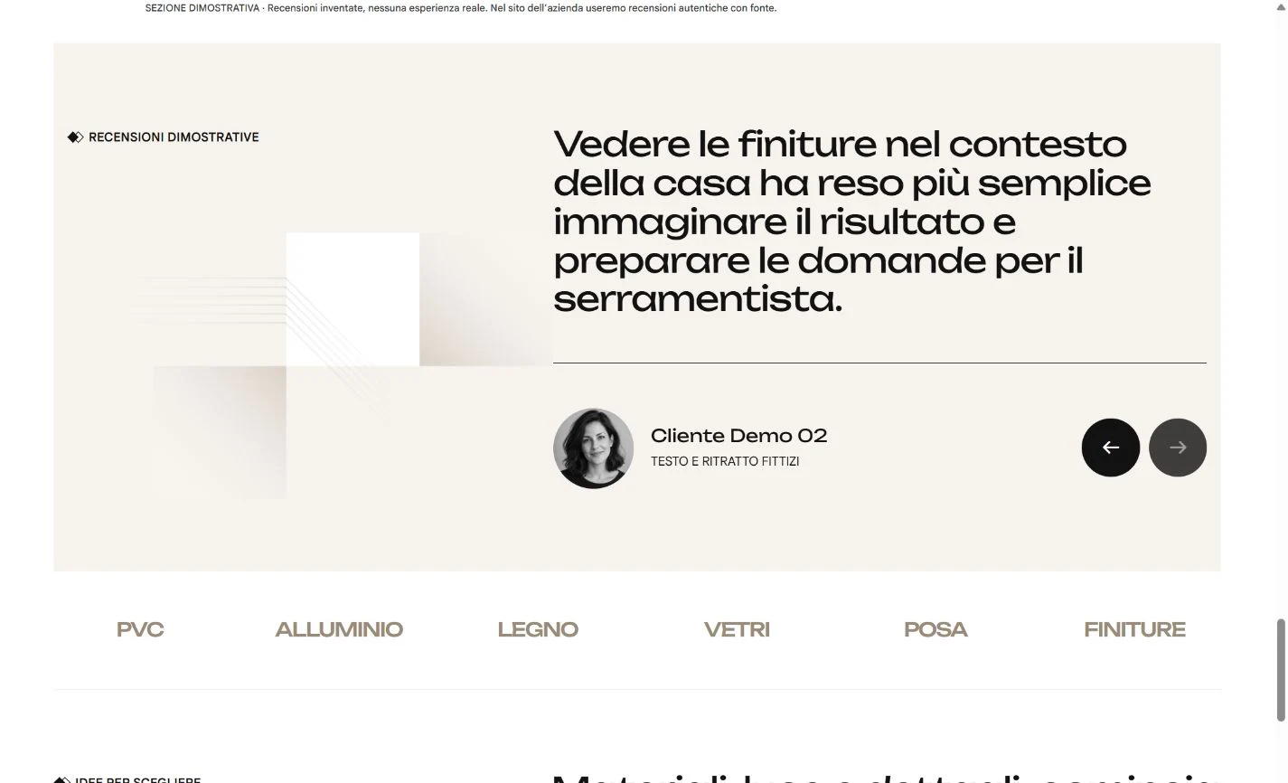 La sezione testimonianze di Telaio con tipografia ampia e gerarchia visiva leggibile