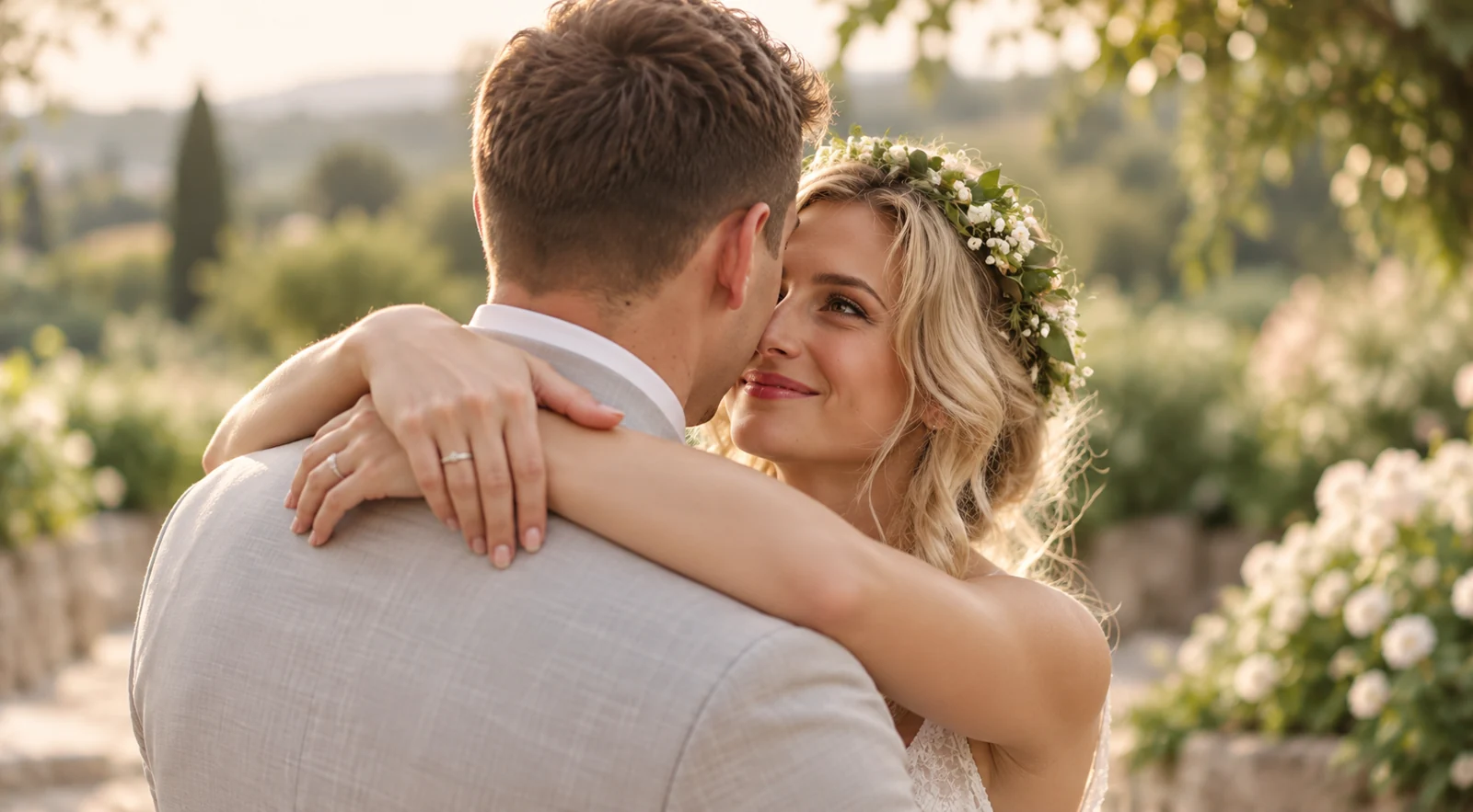 Acconciatura e trucco sposa in un abbraccio all'aperto