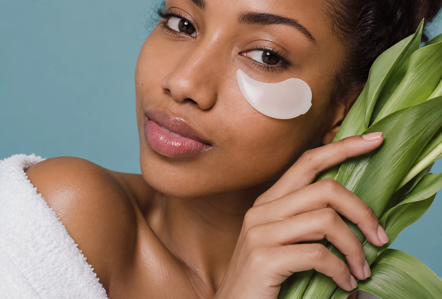 Trattamento viso con patch e foglie verdi