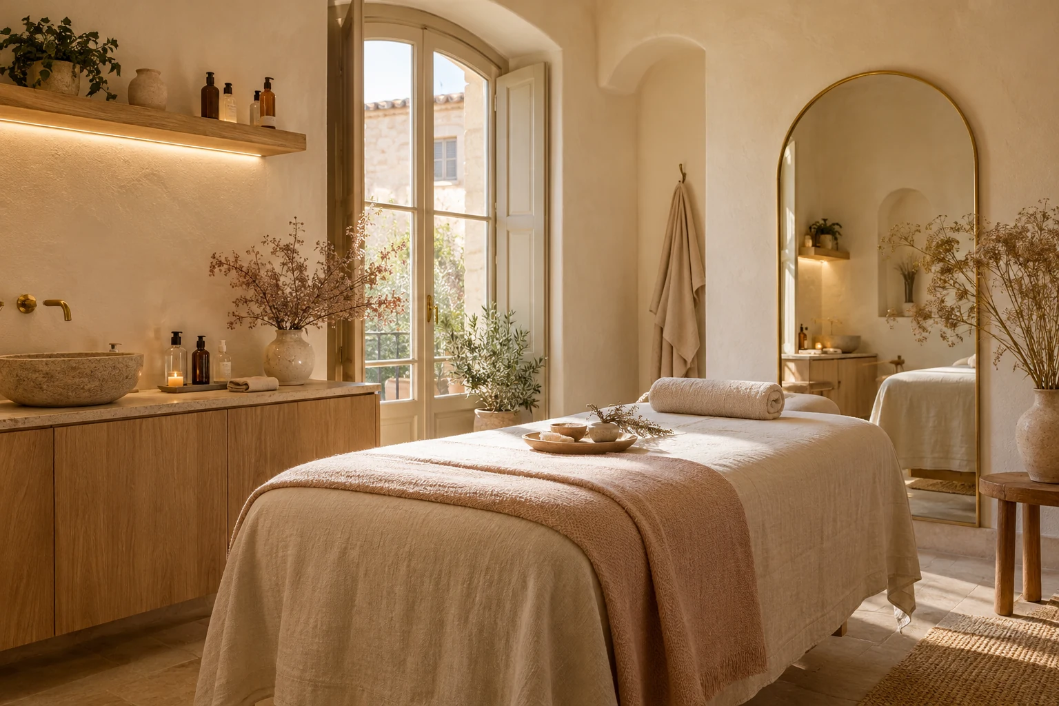 Ambiente dimostrativo di un centro estetico, con lettino, legno chiaro e luce naturale