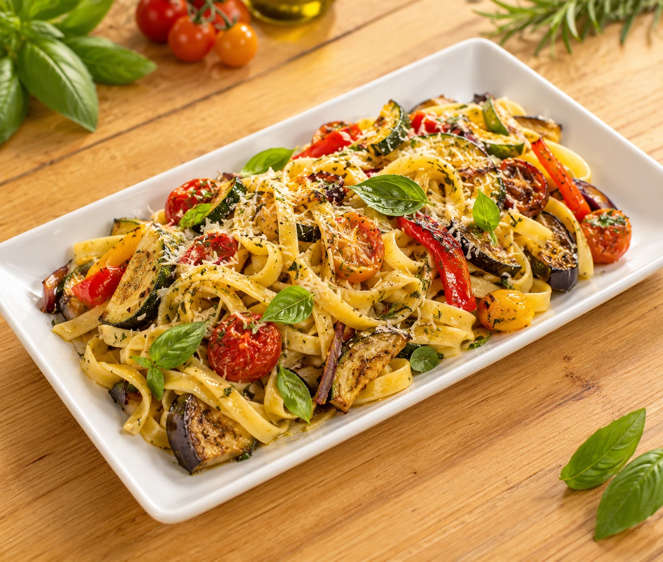 Tagliatelle con verdure su un piatto chiaro