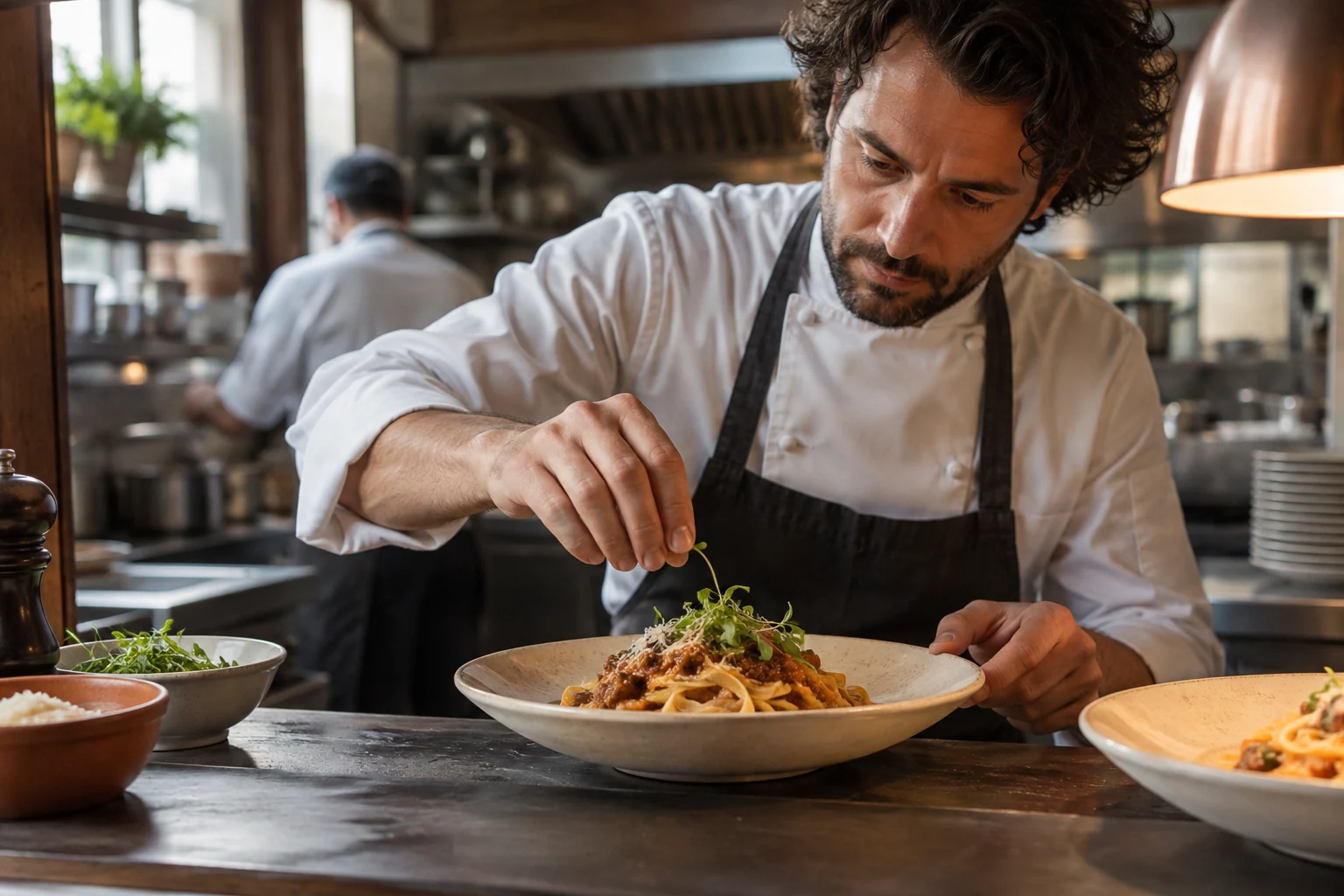 Chef al lavoro sulla presentazione di un piatto