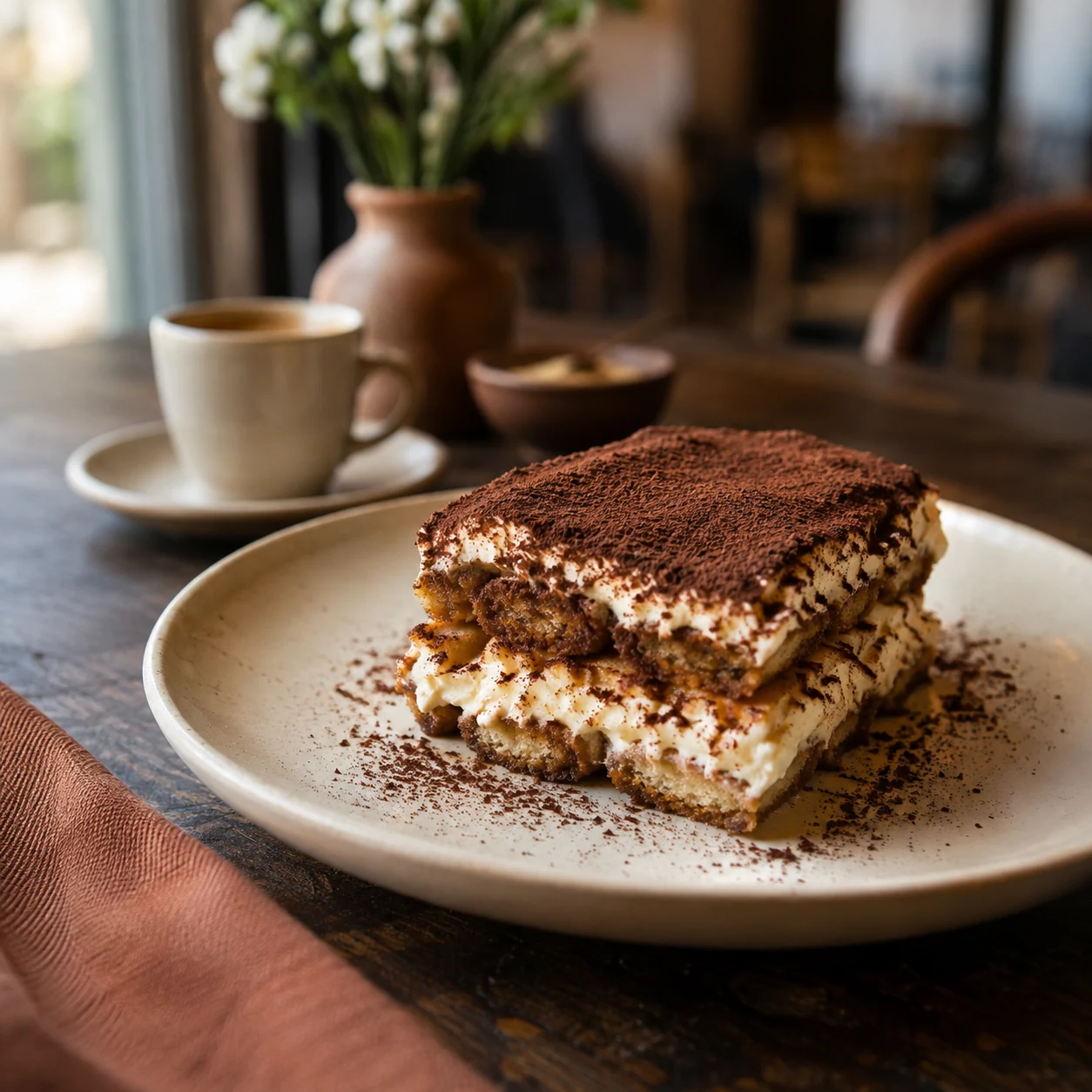 Tiramisù su un piatto in ceramica chiara