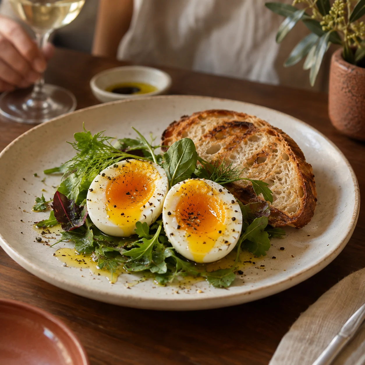 Antipasto con uova, verdure e pane tostato