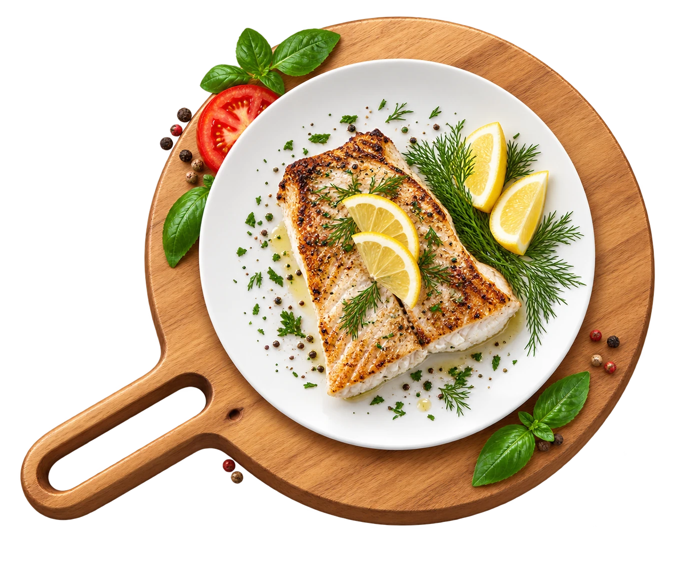 Piatto di pesce con limone su un tagliere rotondo