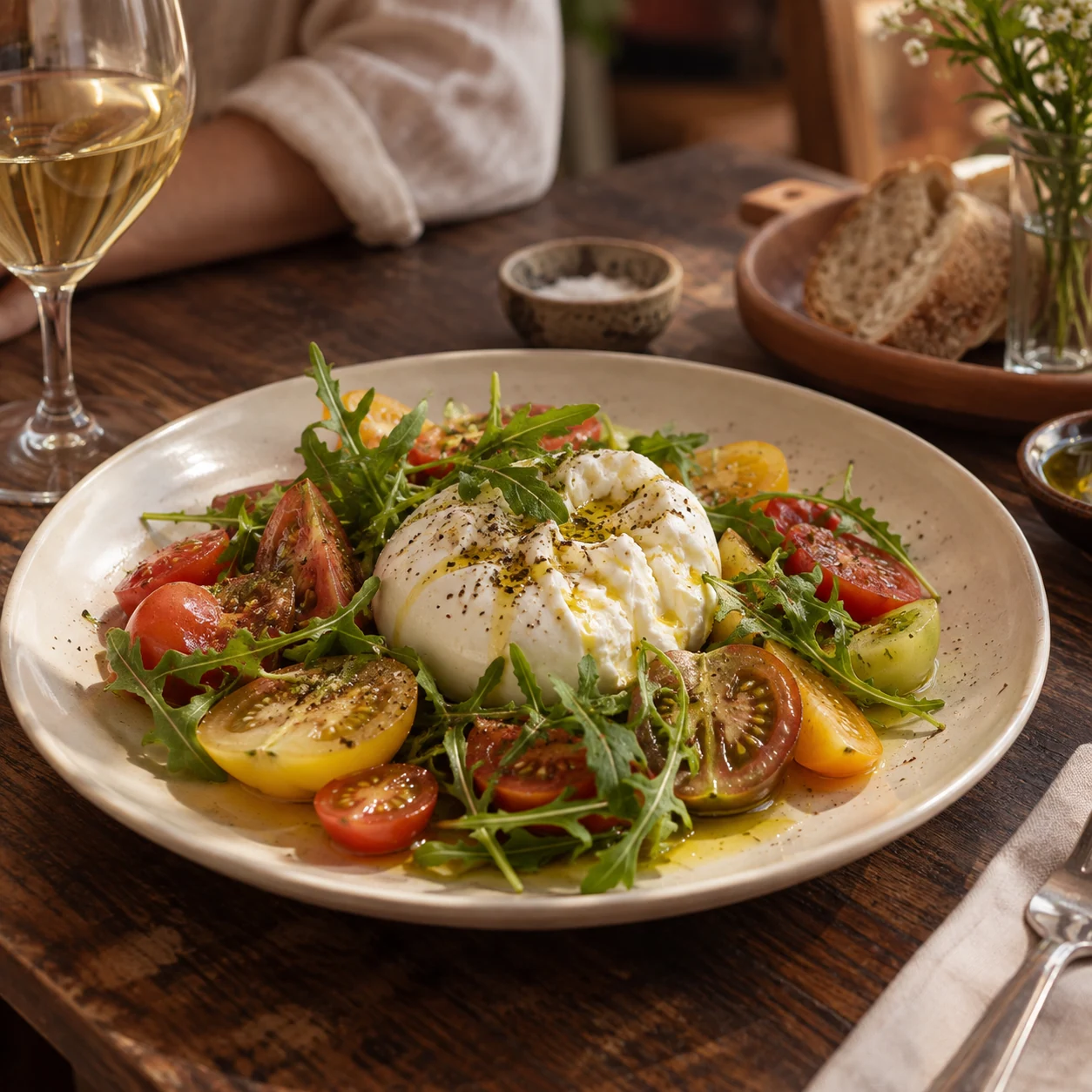 Insalata con pomodori, burrata e rucola