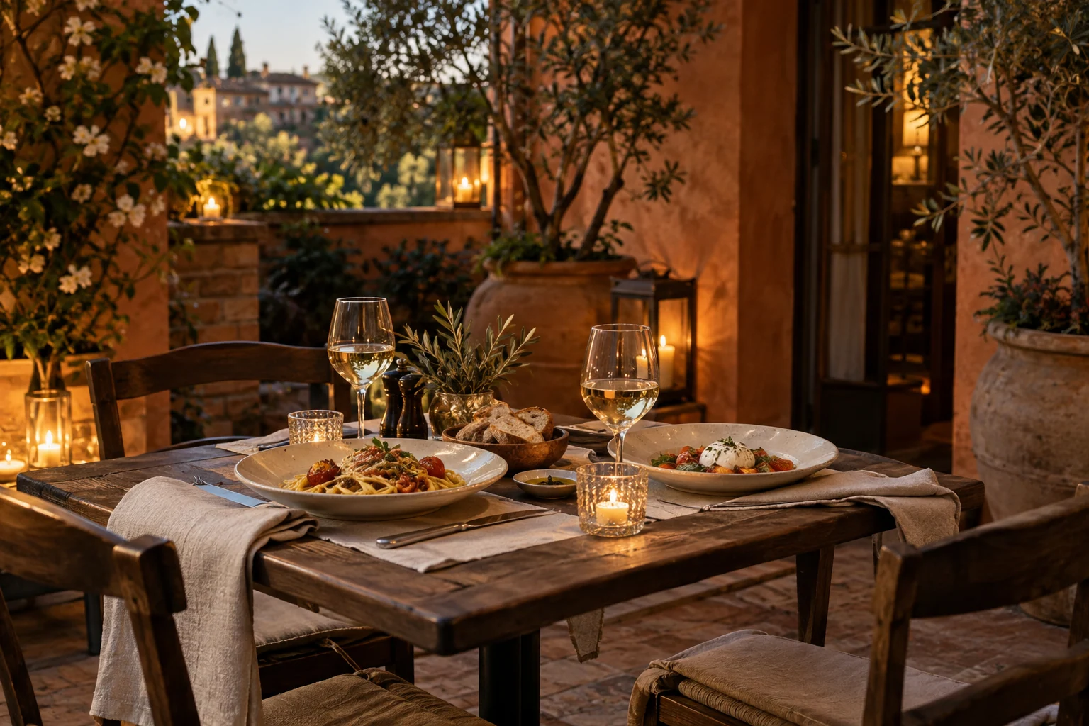 Terrazza di un ristorante preparata per la cena