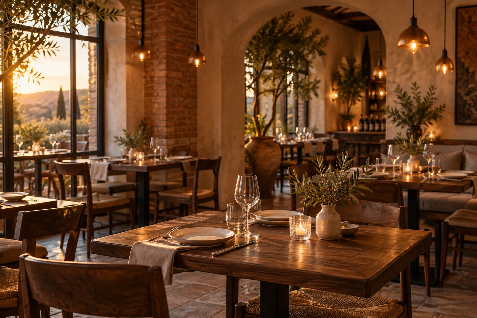 Sala dimostrativa di un ristorante con tavoli in legno, ceramiche chiare e luce calda