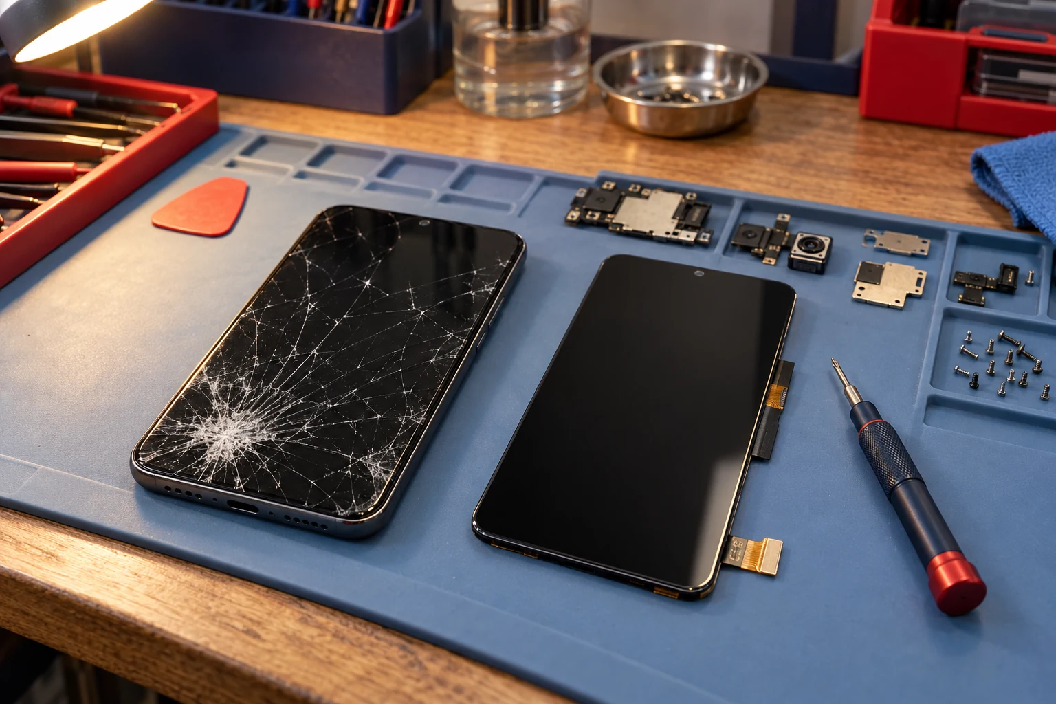 Smartphone e display su un banco dimostrativo